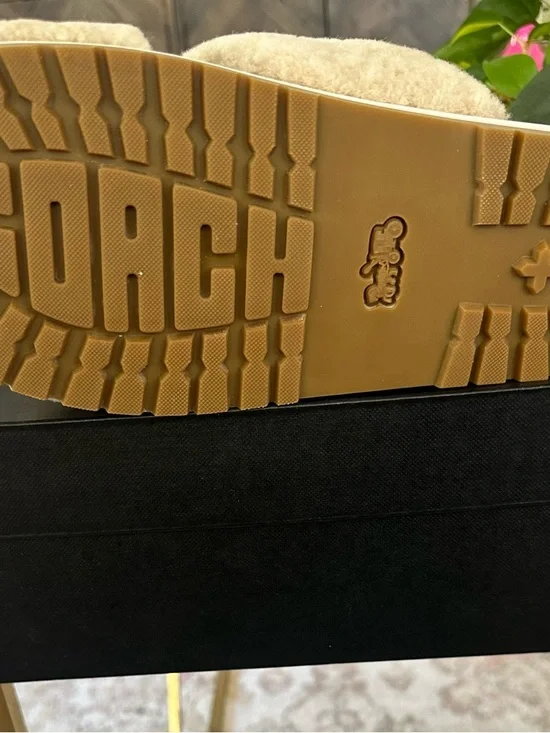 Coach Cream Shearling Cross-Strap Sandals with Brown Logo Footbed - Picture 5 of 6